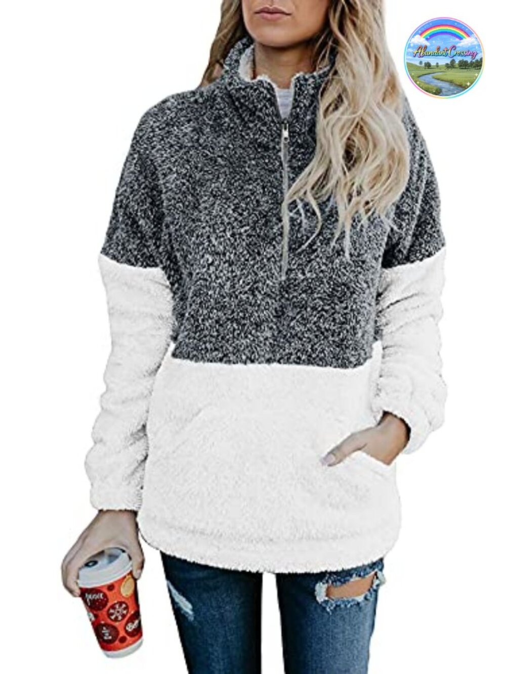 Womens Sherpa Quarter Zip Pullover Loose Fit Fleece Sweatshirt